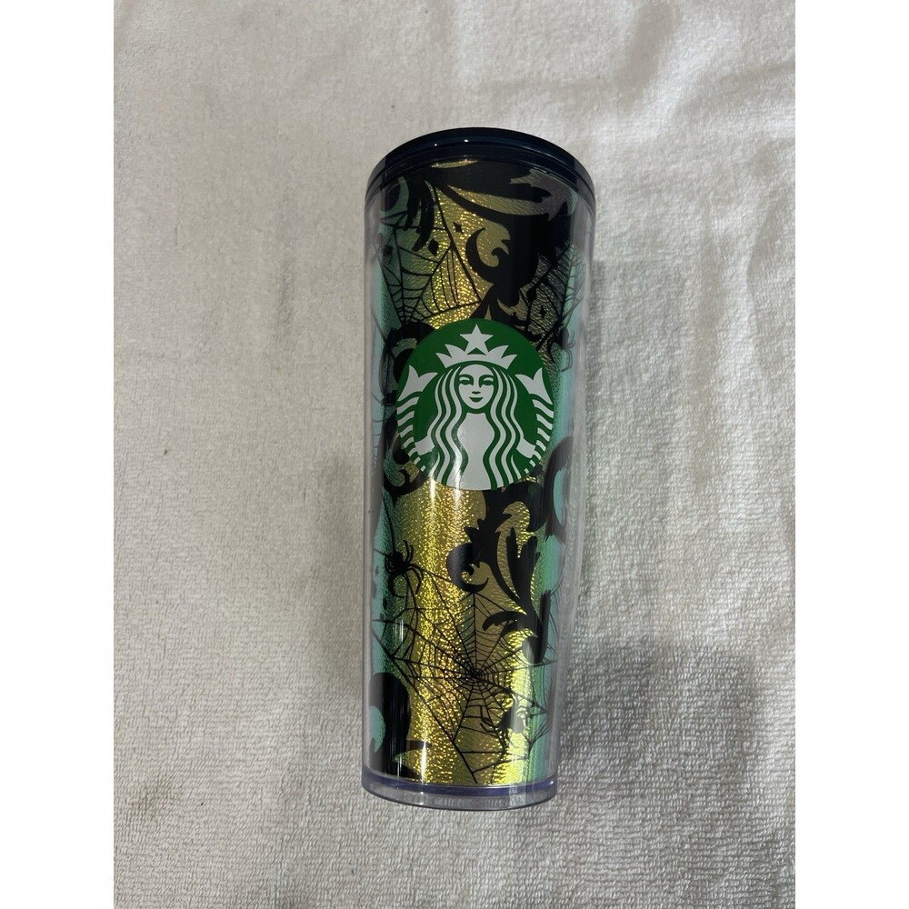Starbucks 24oz Halloween Tumbler Spider Web Bat Iridescent‎ Green Venti Cold Cup